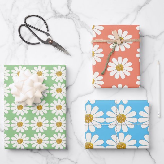 White Retro Modern Daisy Flower Pattern - Aangepas Inpakpapier Vel (Voorkant)