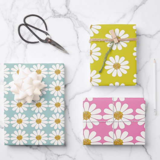 White Retro Modern Daisy Flower Pattern - Aangepas Inpakpapier Vel (Voorkant)
