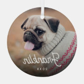 White Retro Script Pet Photo & Year Glas Ornament (Achterkant)