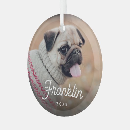 White Retro Script Pet Photo & Year Glas Ornament (Voorkant links)