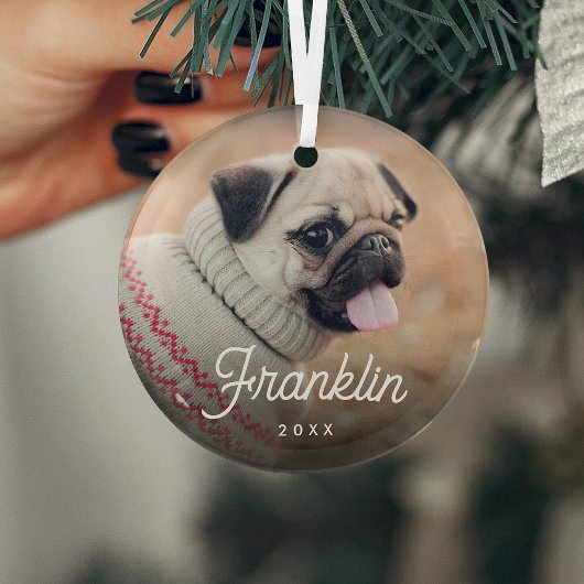 White Retro Script Pet Photo & Year Glas Ornament
