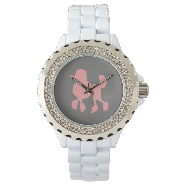 White Rhinestone Pink Poodle Women's Watch Horloge (Voorkant)