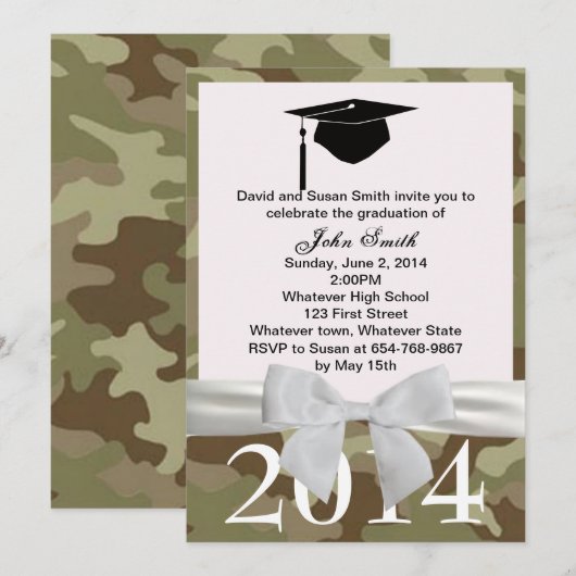 White Ribbon and Camouflage Afstuderen Invitation Kaart (Voorkant / Achterkant)