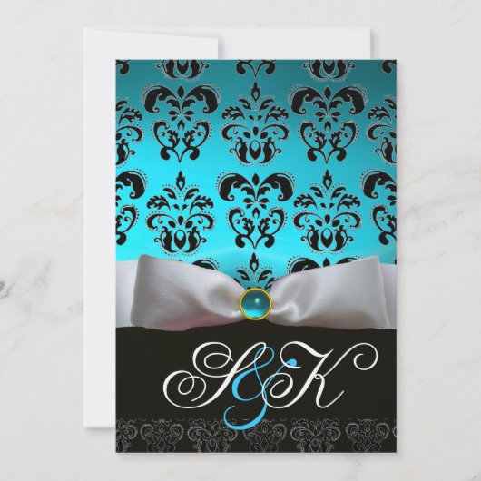 WHITE RIBBON AQUA BLUE BLACK DAMASK MONOGRAM KAART (Voorkant)