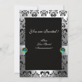 WHITE RIBBON AQUA BLUE BLACK DAMASK MONOGRAM KAART (Achterkant)