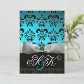 WHITE RIBBON AQUA BLUE BLACK DAMASK MONOGRAM KAART (Staand voorkant)