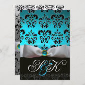 WHITE RIBBON AQUA BLUE BLACK DAMASK MONOGRAM KAART (Voorkant / Achterkant)