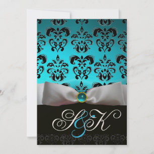 WHITE RIBBON AQUA BLUE BLACK DAMASK MONOGRAM KAART