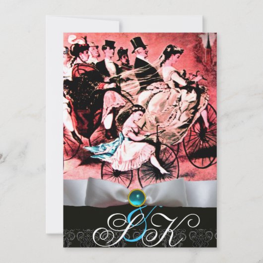 WHITE RIBBON AQUA BLUE BLACK DAMASK MONOGRAM KAART (Voorkant)