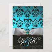 WHITE RIBBON AQUA BLUE BLACK DAMASK MONOGRAM KAART (Voorkant)