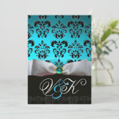WHITE RIBBON AQUA BLUE BLACK DAMASK MONOGRAM KAART (Staand voorkant)