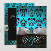 WHITE RIBBON AQUA BLUE BLACK DAMASK MONOGRAM KAART (Voorkant / Achterkant)