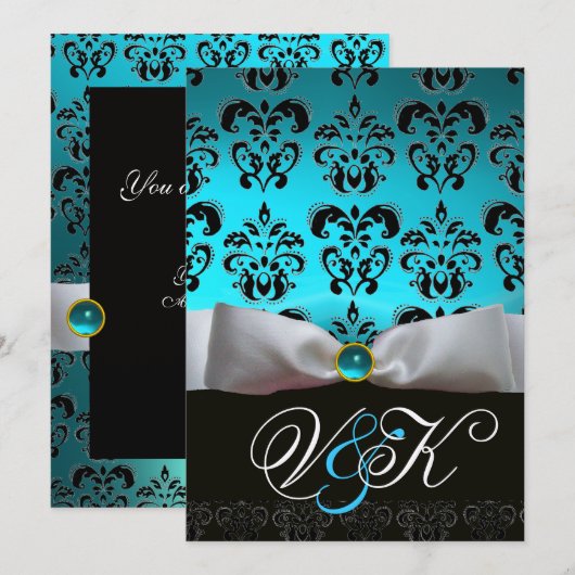 WHITE RIBBON AQUA BLUE BLACK DAMASK MONOGRAM KAART (Voorkant / Achterkant)