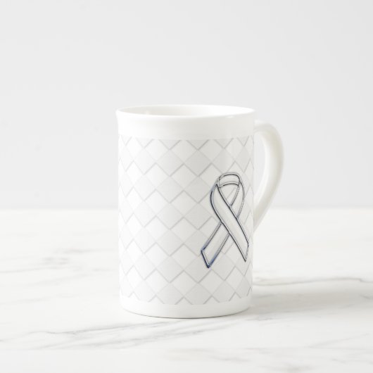 White Ribbon Awareness on Checkers Print Porselein Kop (Voorkant rechts)