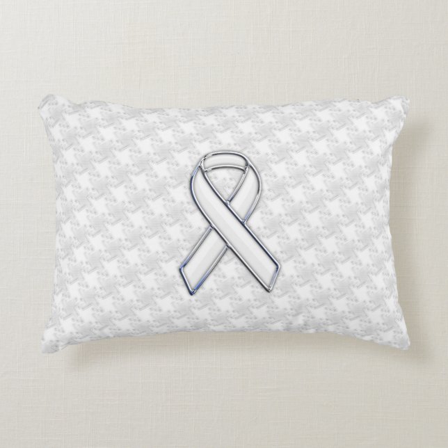 White Ribbon Awareness on Houndstooth Print Decoratief Kussen (Voorkant)