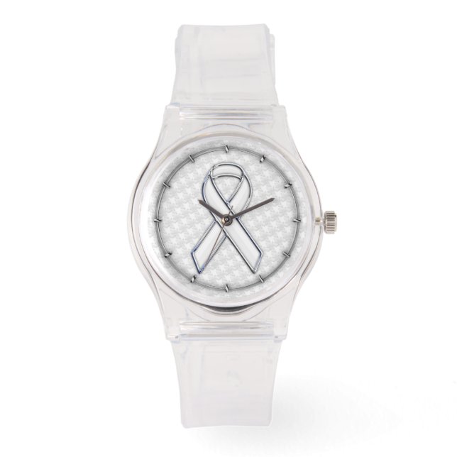 White Ribbon Awareness on Houndstooth Print Horloge (Voorkant)