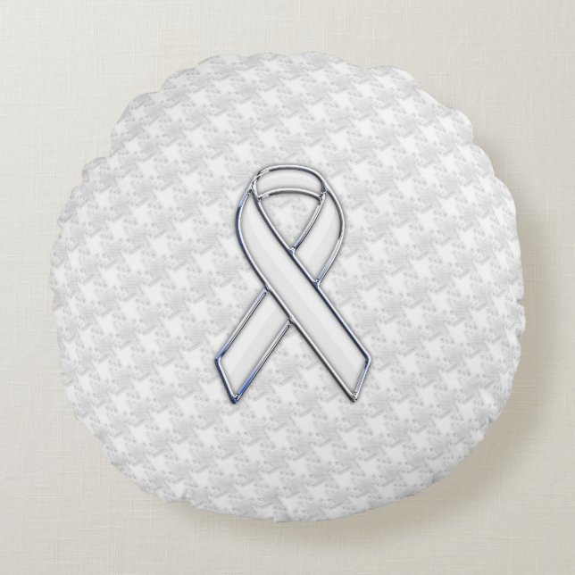 White Ribbon Awareness on Houndstooth Print Rond Kussen (Voorkant)