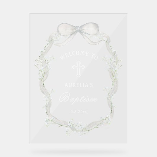 White Ribbon Baby's Breath Baptism Welcome Acryl Bord (Voorkant)