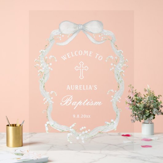 White Ribbon Baby's Breath Baptism Welcome Acryl Bord (Huwelijk)
