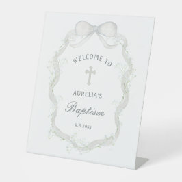 White Ribbon Baby's Breath Baptism Welcome Reclamebord Met Voetstuk