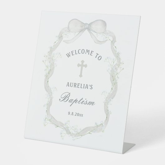 White Ribbon Baby's Breath Baptism Welcome Reclamebord Met Voetstuk (Voorkant)