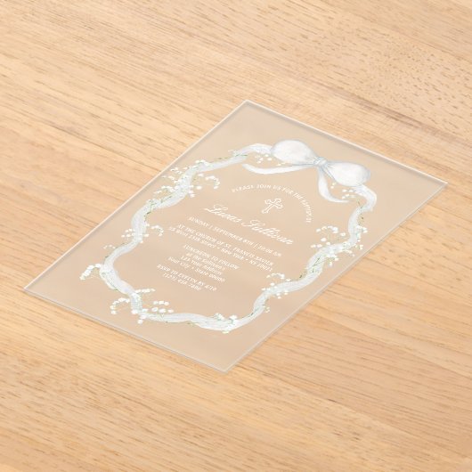 White Ribbon Baby's Breath Doop Acryl Uitnodigingen (Laagn)