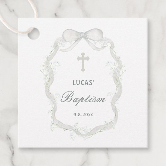 White Ribbon Baby's Breath Doop Bedankjes Labels (Voorkant)