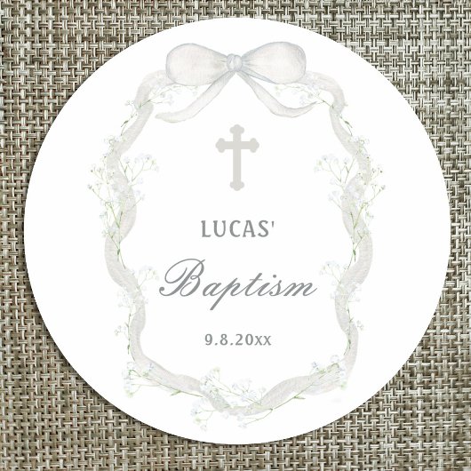 White Ribbon Baby's Breath Doop Ronde Sticker