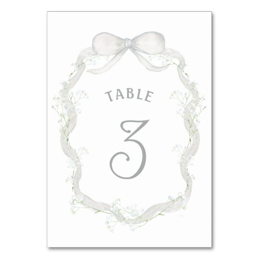 White Ribbon Baby's Breath Table Nummer Kaart (Voorkant)