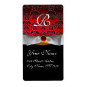 WHITE RIBBON BLACK RED BURGUNDY DAMASK MONOGRAM ETIKET (Voorkant)