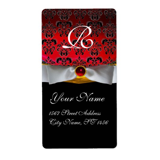 WHITE RIBBON BLACK RED BURGUNDY DAMASK MONOGRAM ETIKET (Voorkant)