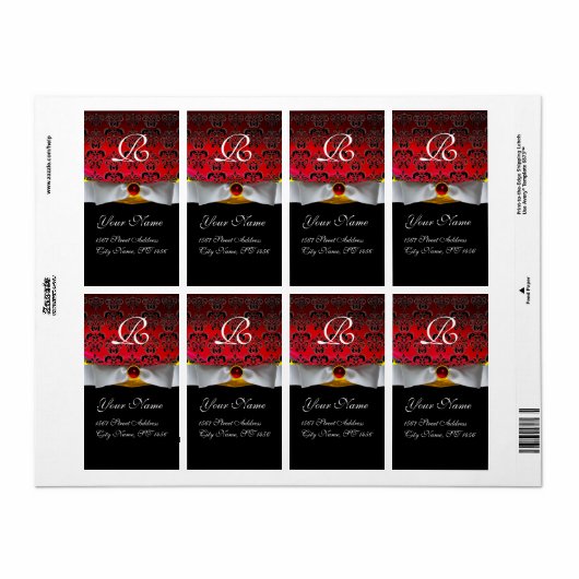 WHITE RIBBON BLACK RED BURGUNDY DAMASK MONOGRAM ETIKET (Full Sheet)