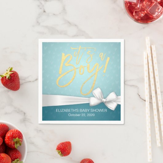 White Ribbon Gold Script Turquoise Baby shower Servetten (Insitu)