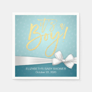 White Ribbon Gold Script Turquoise Baby shower Servetten