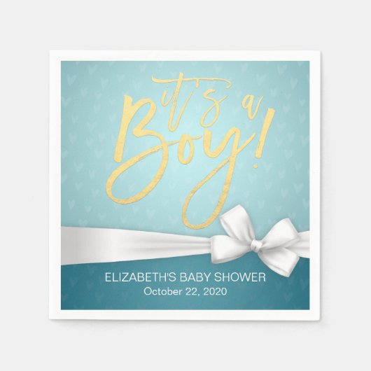 White Ribbon Gold Script Turquoise Baby shower Servetten (Voorkant)
