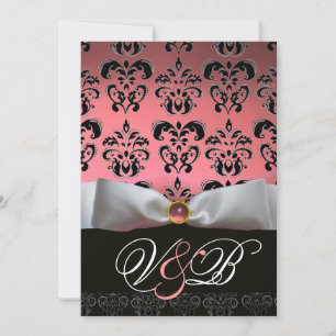 WHITE RIBBON PINK BLACK DAMASK MONOGRAM KAART