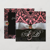 WHITE RIBBON PINK BLACK DAMASK MONOGRAM KAART (Voorkant / Achterkant)