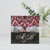 WHITE RIBBON PINK BLACK DAMASK MONOGRAM KAART (Staand voorkant)