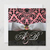 WHITE RIBBON PINK BLACK DAMASK MONOGRAM KAART (Voorkant)