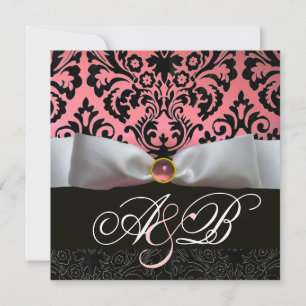 WHITE RIBBON PINK BLACK DAMASK MONOGRAM KAART