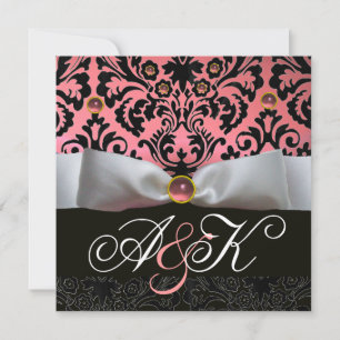 WHITE RIBBON PINK BLACK DAMASK MONOGRAM KAART