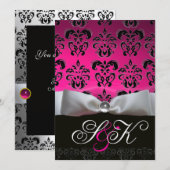 WHITE RIBBON PINK FUCHSIA BLACK DAMASK MONOGRAM KAART (Voorkant / Achterkant)