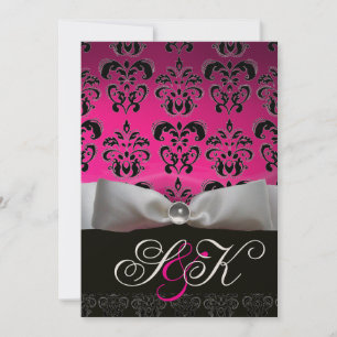 WHITE RIBBON PINK FUCHSIA BLACK DAMASK MONOGRAM KAART