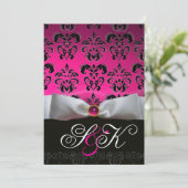 WHITE RIBBON PINK FUCHSIA BLACK DAMASK MONOGRAM KAART (Staand voorkant)