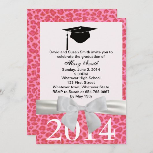 White Ribbon Pink Leopard Afstuderen Uitnodiging (Voorkant / Achterkant)
