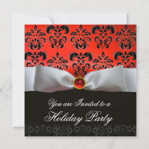 WHITE RIBBON RED BLACK DAMASK HOLIDAY PARTY KAART