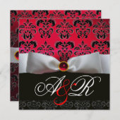 WHITE RIBBON RED BURGUNDY BLACK DAMASK MONOGRAM KAART (Voorkant / Achterkant)