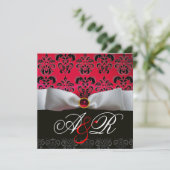 WHITE RIBBON RED BURGUNDY BLACK DAMASK MONOGRAM KAART (Staand voorkant)