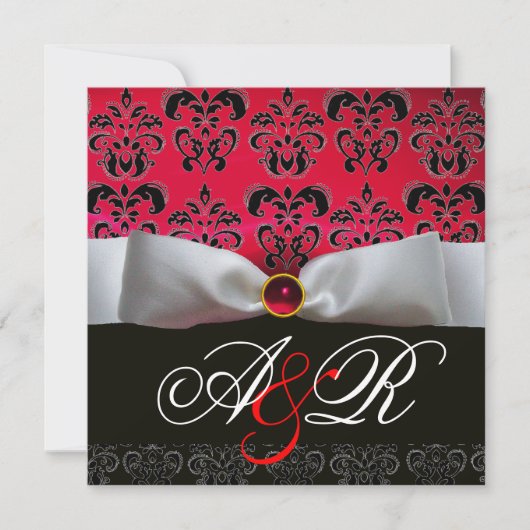WHITE RIBBON RED BURGUNDY BLACK DAMASK MONOGRAM KAART (Voorkant)