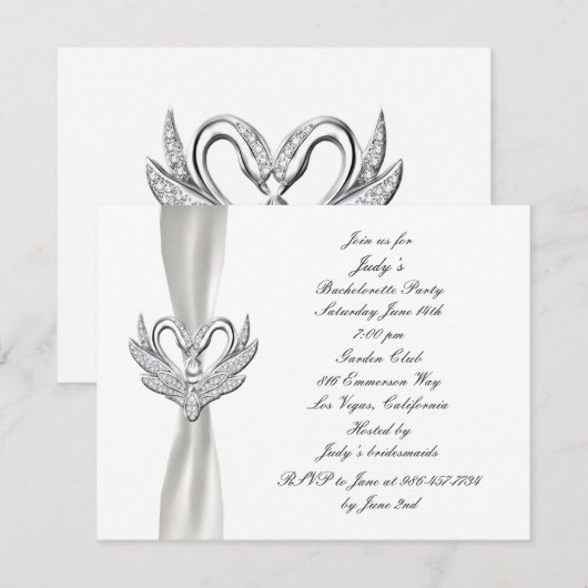White Ribbon Silver Swan Bachelorette Party Invite Kaart (Voorkant / Achterkant)